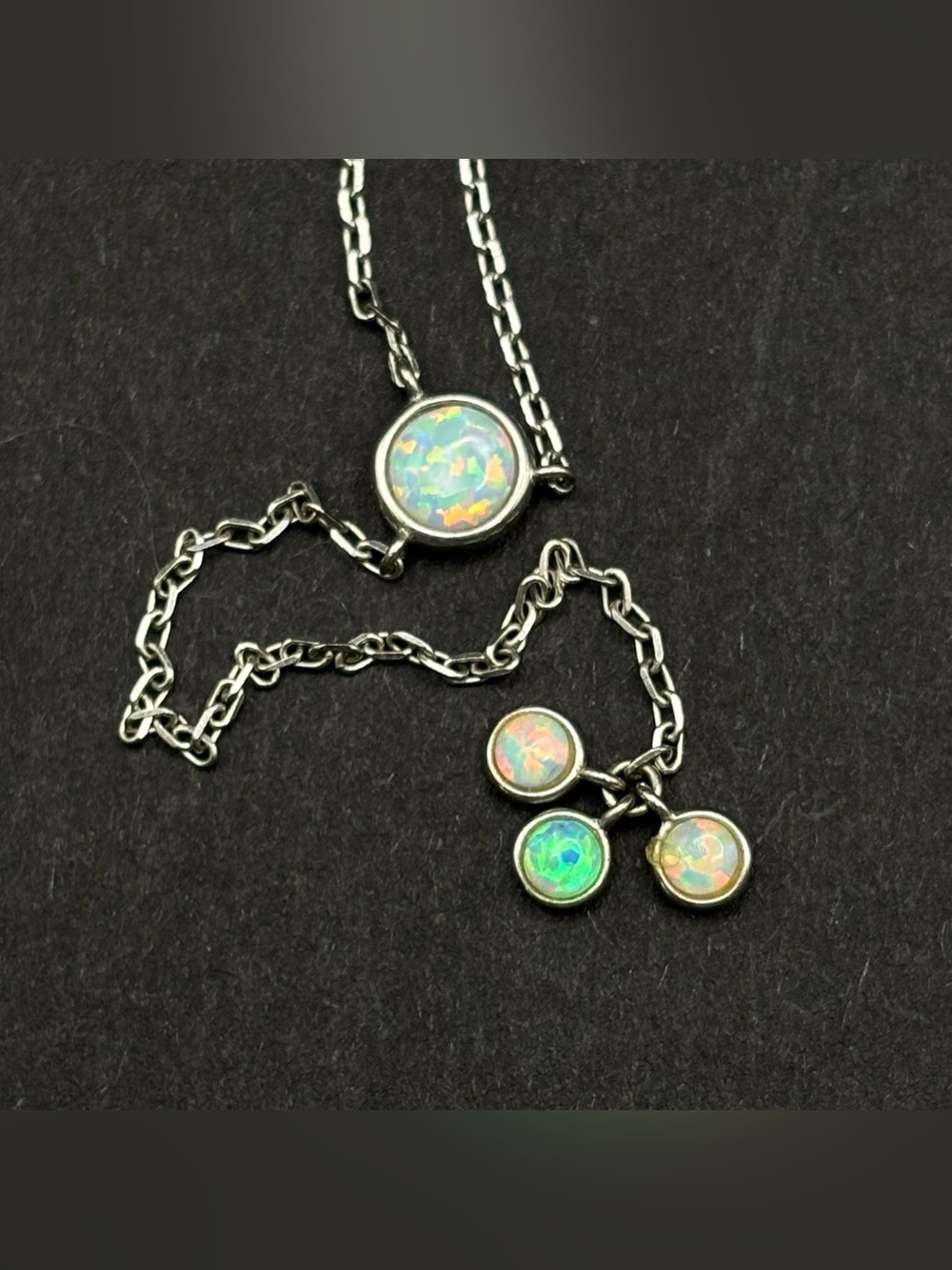 Sterling Silver 925 Delicate Lab Created Opal Y-Necklace Lariat Drop Cluster